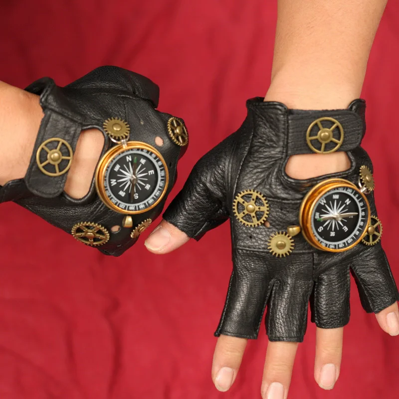 Men'S Fashion Gloves - Steampunk PU Leather Fingerless Compass Gloves