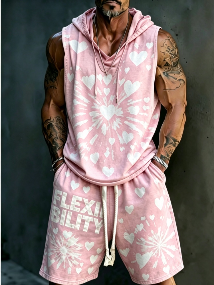 Streetwear Hoodie - Men's 2-Piece Loose Pink Heart Sleeveless