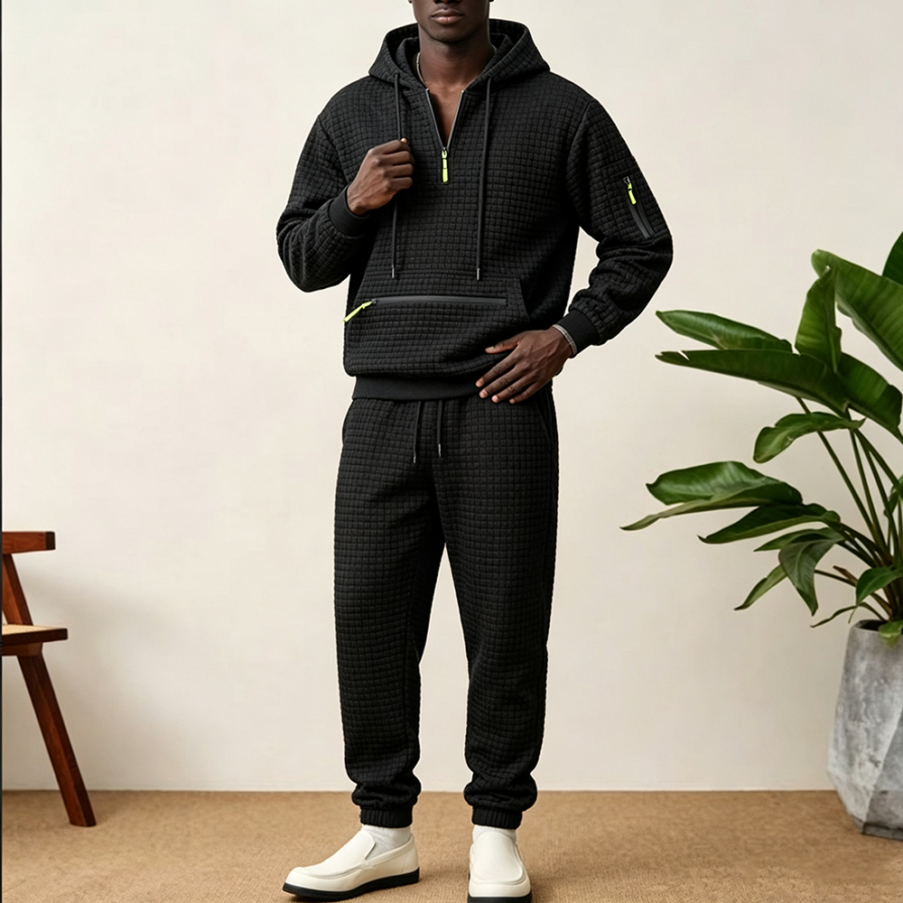 Streetwear Hoodie - Men's 2PCS Waffle Grid Tracksuit Half