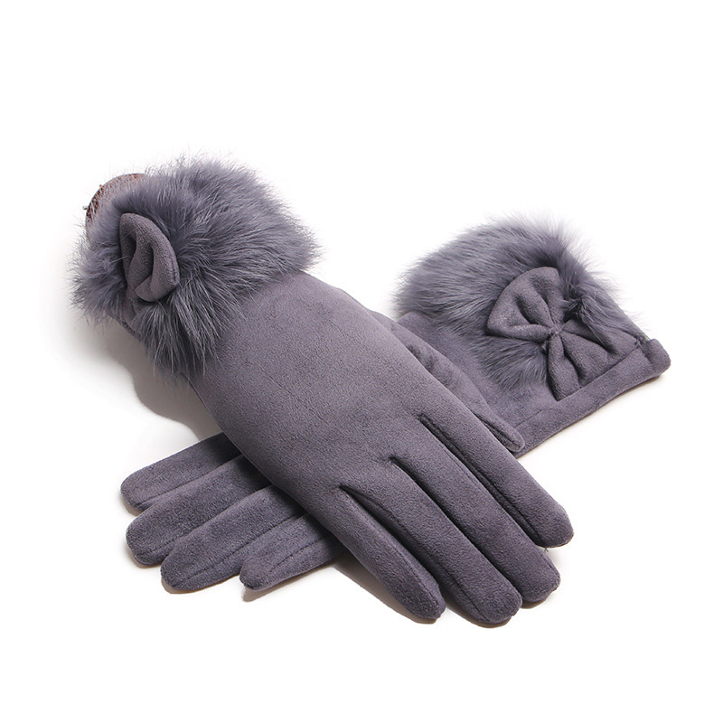 Driving Gloves Leather - Winter Female Suede Leather Bow Plush